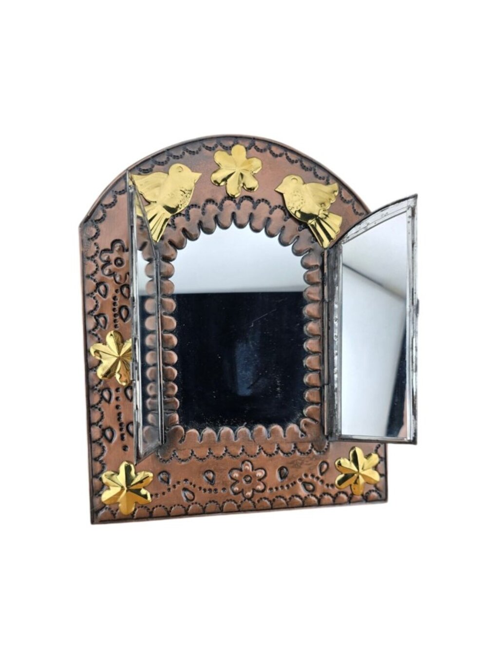 Handcrafted Copper & Gold Tone Mexican Tin Nicho Mirror Floral & Bird READ